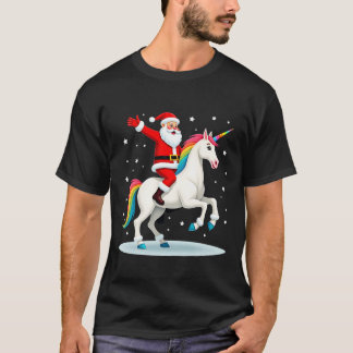 T-shirt Christmas Santa Riding Unicorn Xmas Girls Women Ra