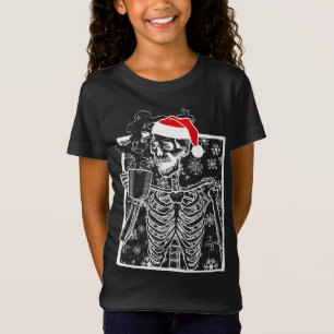 T-Shirt Christmas Skeleton with Smiling Skull drinking Cof