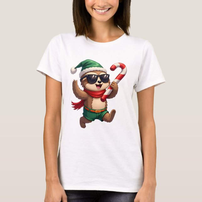 T-shirt Christmas Sloth Elf Peppermint Candy Cane Shirt Gi (Devant)
