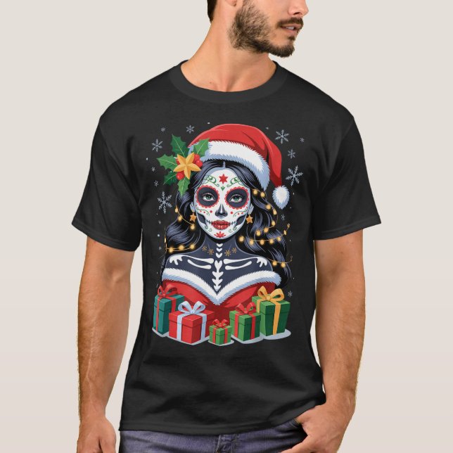 T-shirt Christmas Sugar Skull Art Woman Santa Hat Festive  (Devant)