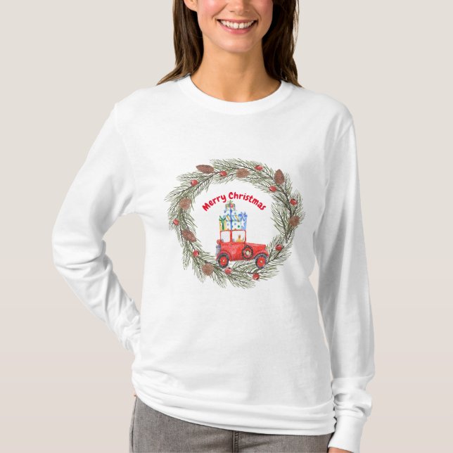 T-shirt Christmas Tee Old Car & Wreath (Devant)