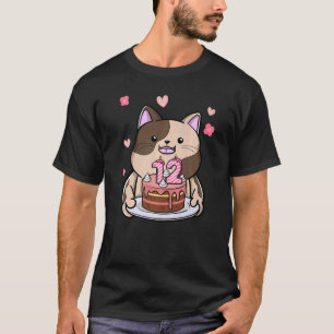 T-shirt Chubby Chat tenant un gâteau d'anniversaire 12e an