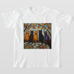T-shirt Cinq chats sur une branche d'arbre de style vitrai