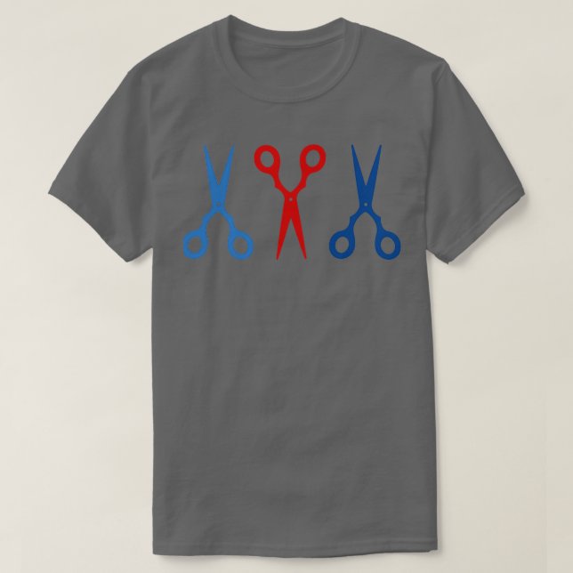 T-shirt Ciseaux de salon de coiffure rouge et bleu (Design devant)
