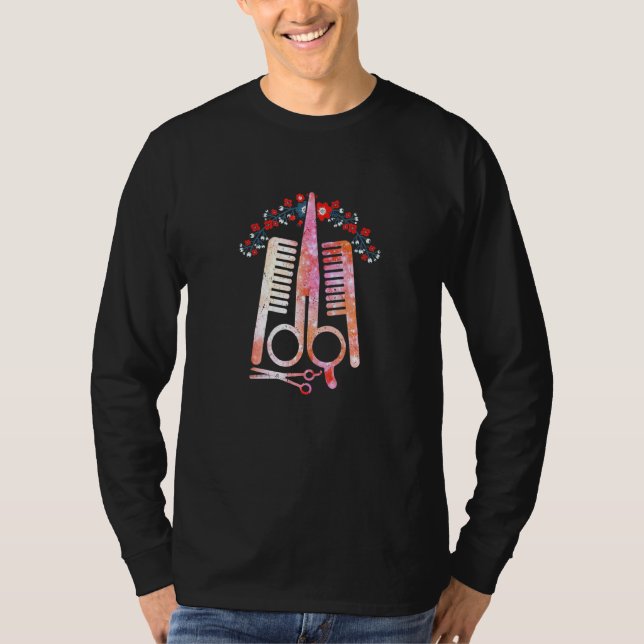T-shirt Ciseaux Outils de la Trace Barber Hairstyl Floral (Devant)