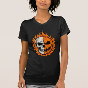 T-shirt Citrouille à visage coupé en crâne enflammé Hallow