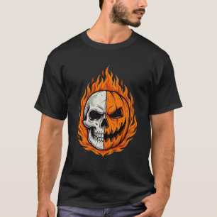 T-shirt Citrouille à visage coupé en crâne enflammé Hallow