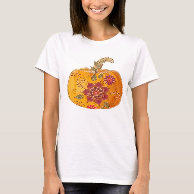T-shirt Citrouille Automne Avec Fleurs (Devant)