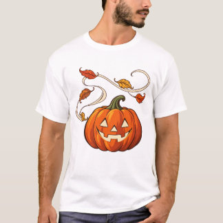 T-shirt Citrouille Lanterne et Feuilles Enroulées