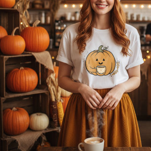 T-shirt Citrouille mignon tenant une tasse de café automne