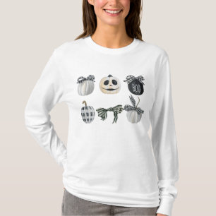 T-shirt Citrouille noir blanc Coquette Bow Halloween