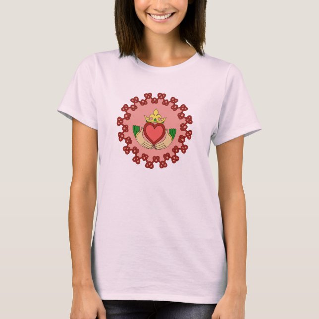 T-shirt Claddagh et Red Knotwork sur rose (Devant)