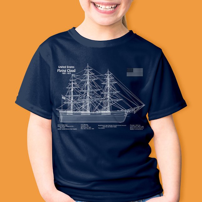 T-shirt Cloud de vol de navire Clipper - Plan ABD (Clipper Ship Flying Cloud - Blueprint ABD. Girl Basic Blue T-Shirt )