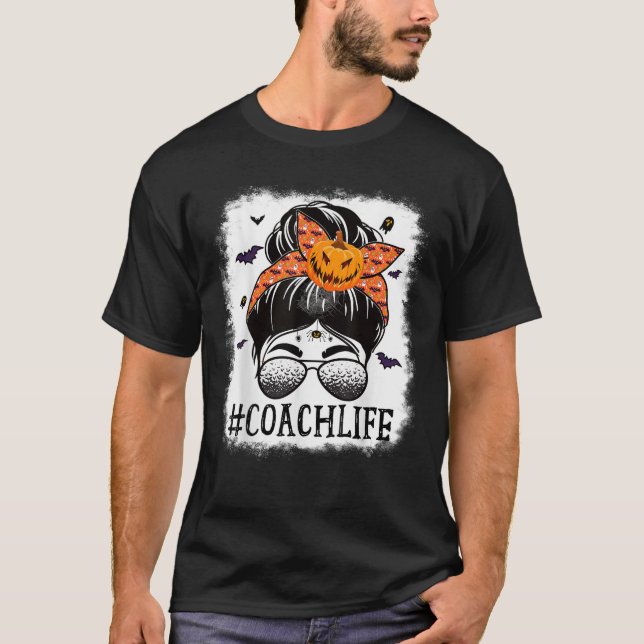 T-shirt Coach Messy Bun Spooky Pumpkin Bat Orange Hallowee (Devant)