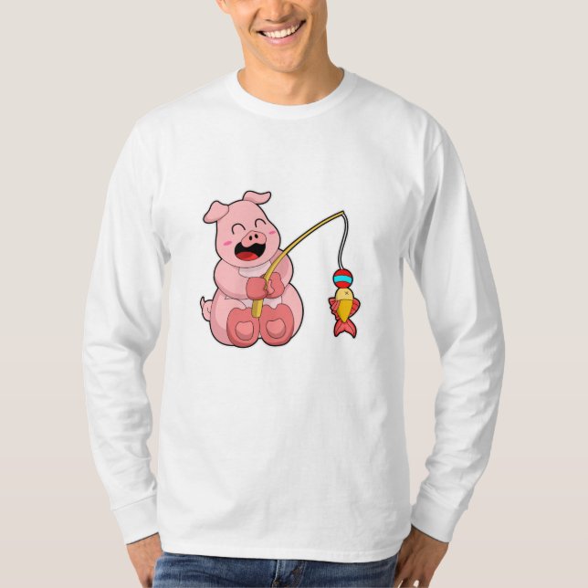 T-shirt Cochon à la pêche avec poisson (Devant)