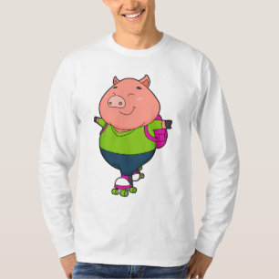 T-shirt Cochon à Patinage en ligne avec patins à rouleaux