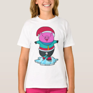 T-shirt Cochon à Patinage sur glace avec patins sur glace