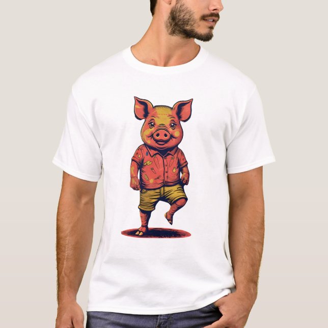 T-shirt Cochon Anthropomorphique Dans Neon Noir De La Pop  (Devant)