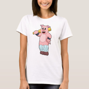 T-shirt Cochon au cricket avec batte de cricket