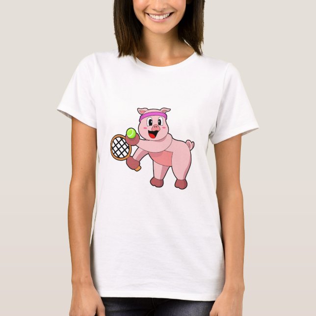 T-shirt Cochon au tennis avec raquette de tennis (Devant)