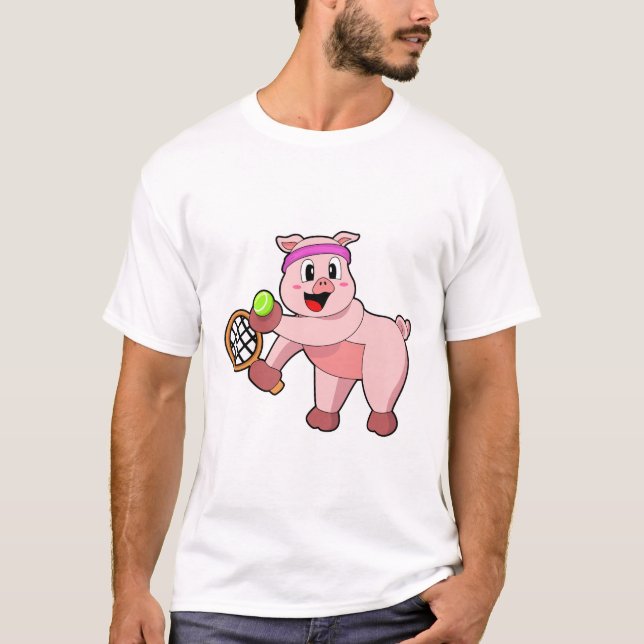 T-shirt Cochon au tennis avec raquette de tennis (Devant)