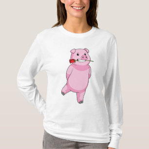 T-shirt Cochon avec fleur Rose