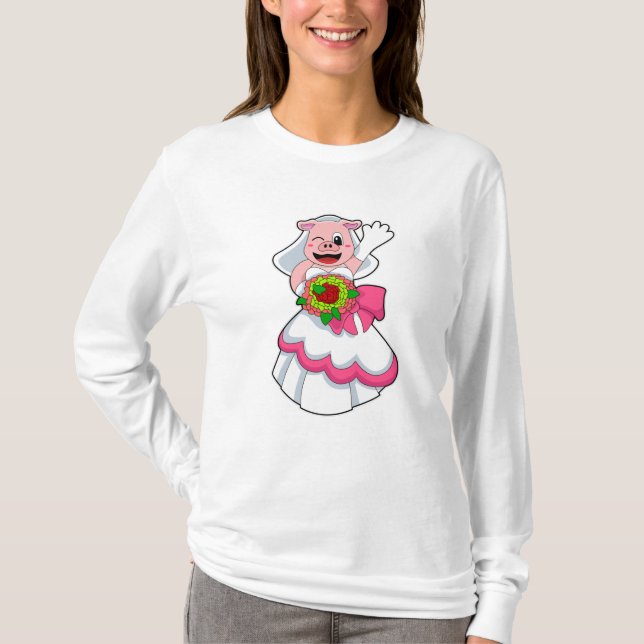 T-shirt Cochon avec robe de mariée et bouquet de fleurs (Devant)
