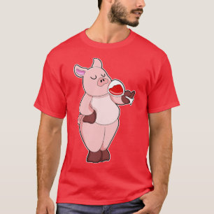 T-shirt Cochon avec verre de vin
