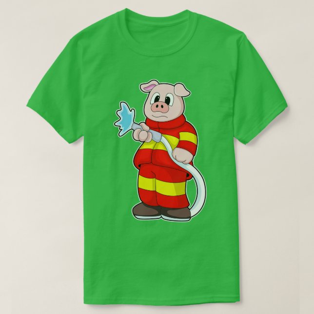 T-shirt Cochon comme pompier avec tuyau (Design devant)