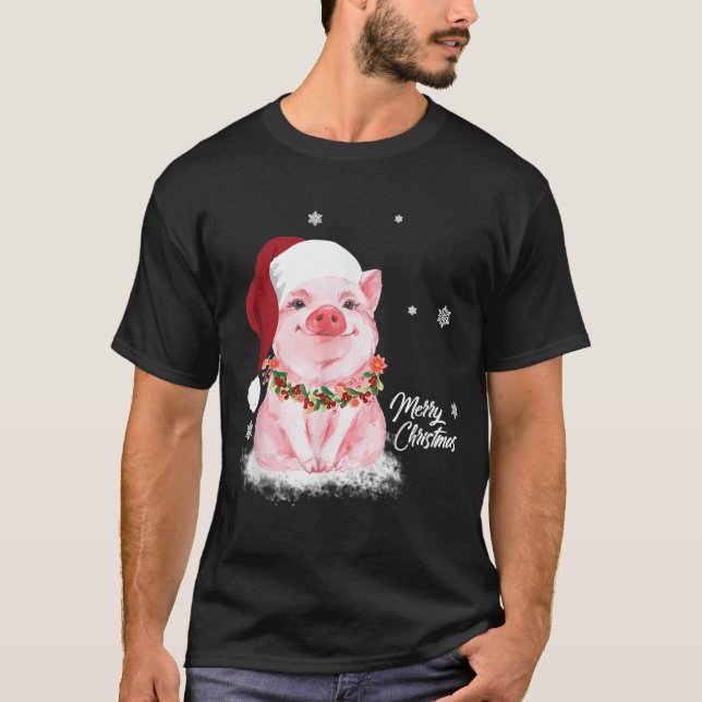 T-shirt Cochon de lait Santa Hat Joyeux cochon de Noël (Devant)