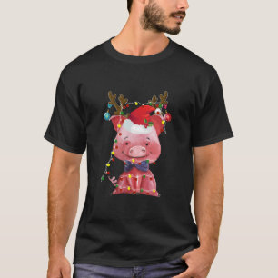 T-shirt Cochon de Noël Renne Lumières Cadeaux de Noël
