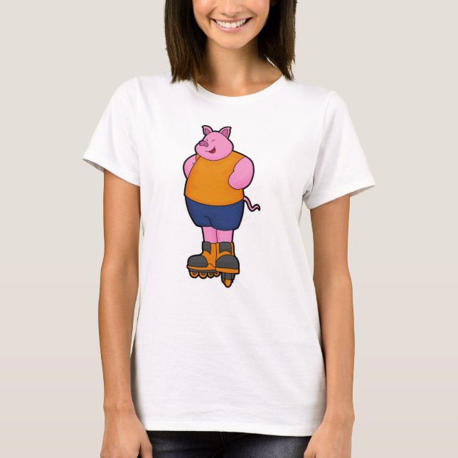 T-shirt Cochon en patinage avec patins en ligne (Devant)