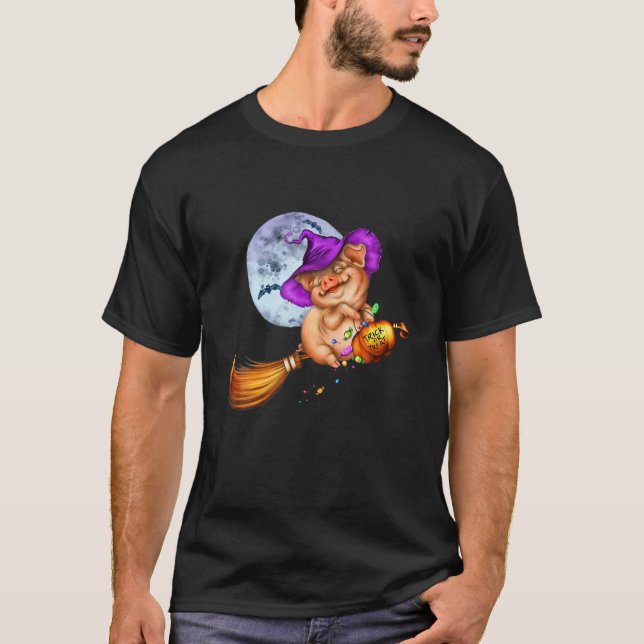 T-shirt Cochon Halloween Citrouille sorcier Casquette Hall (Devant)