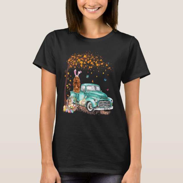 T-shirt Cocker Spaniel Bunny Camion Chasse Oeufs Arbre Pâq (Devant)