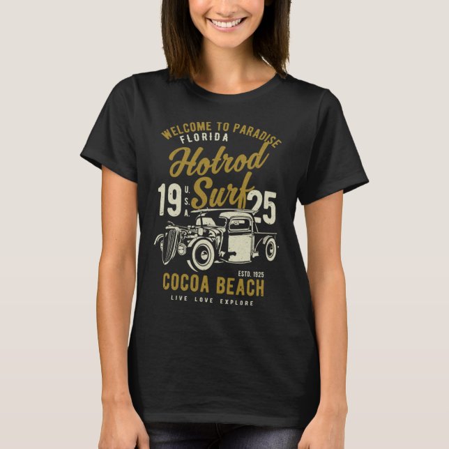 T-shirt Cocoa Beach Florida Retro Hotrod Surf Distressed   (Devant)