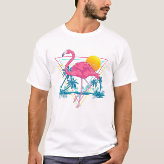 T-shirt Cocotiers Palmiers Flamant rose rose Coucher de so
