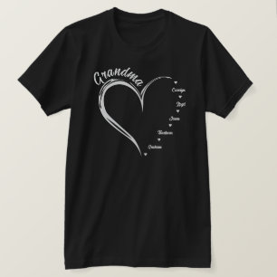 T-shirt Coeur avec 5 noms personnalisés, Grand-mère Coeur
