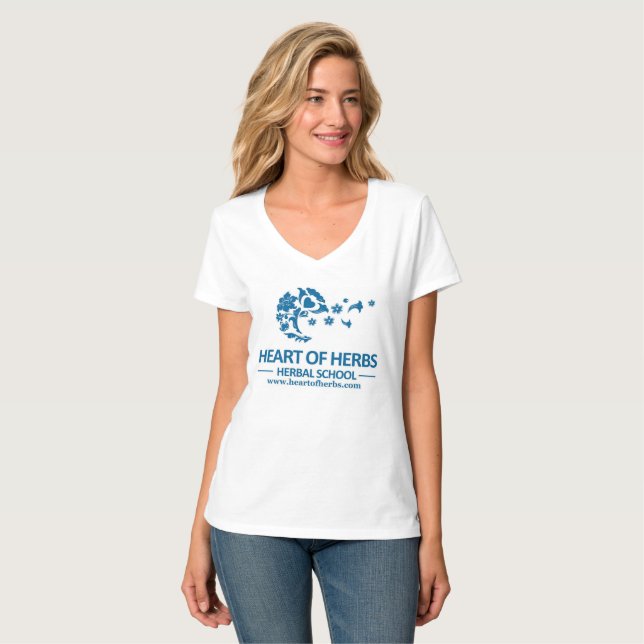 T-shirt Coeur de V-Cou de fines herbes de logo d'école (Devant entier)