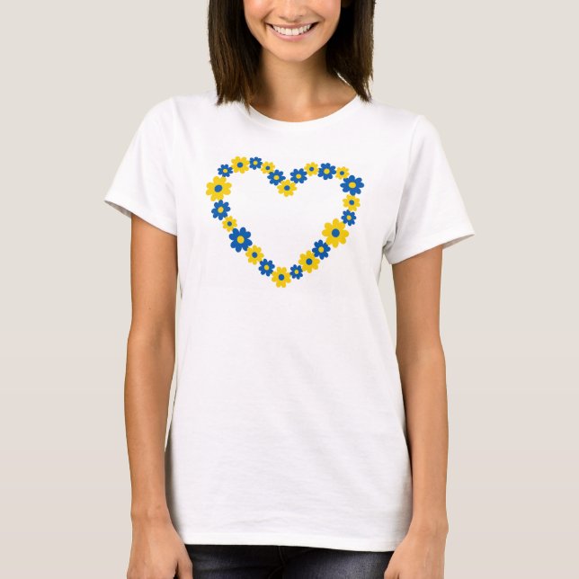 T-shirt Coeur fait de fleurs bleues et jaunes. Ukraine (Devant)