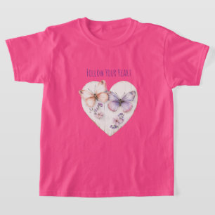 T-shirt Cœur Fleurs Et Papillons Roses Violets