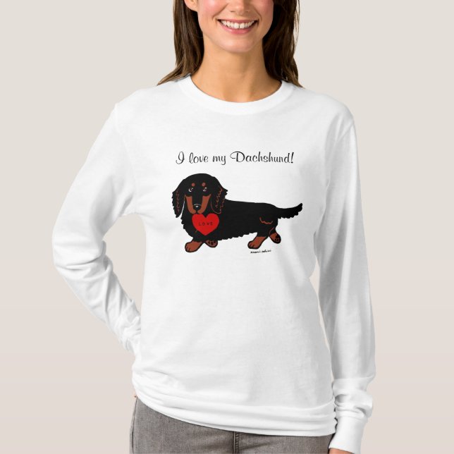 T-shirt Coeur noir de teckel et bronzage aux cheveux longs (Devant)