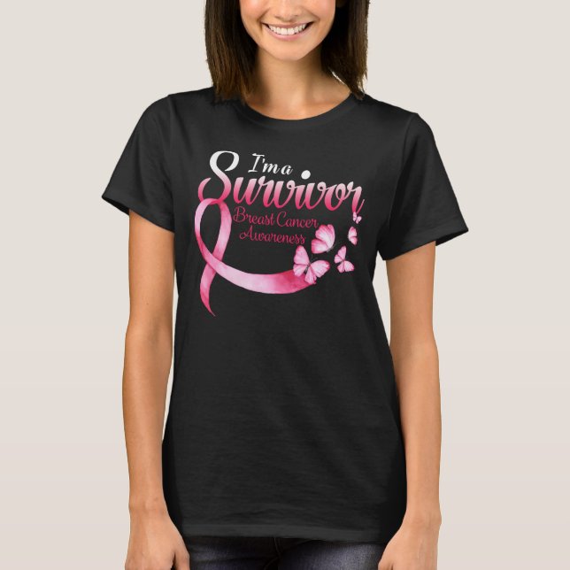 T-shirt Coeur papillon rose Je suis un survivant Cancer du (Devant)