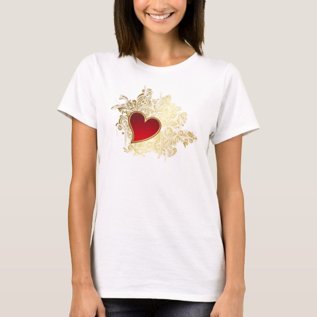 T-shirt Coeur rouge sur Gold Filigree (Devant)