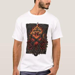 T-shirt Cœur Sacré Flamboyant avec Roses Dés Gothique Vint