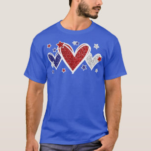 T-shirt Coeurs Bleus Bleu Rouge Et Étoiles Pour Patriotiqu
