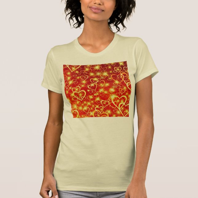 T-shirt Coeurs dorés jaunes sur l'Arrière - plan rouge (Devant)