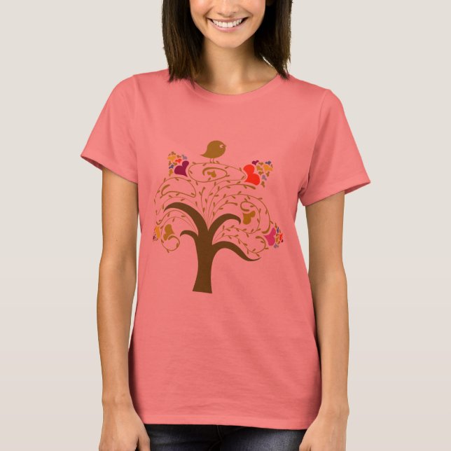 T-shirt Coeurs Et Oiseaux Sur Un Petit Arbre (Devant)