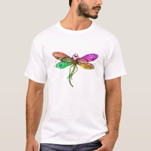 T-shirt Col Crew-Neck Graphique d'Art de Libellule Coloré