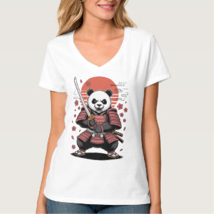 T-Shirt col V pour femmes Samouraï Panda Ours