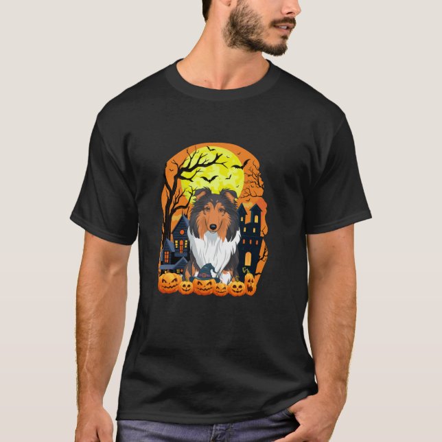 T-shirt Collie Chien Brut Avec Citrouille Drôle Effrayant  (Devant)